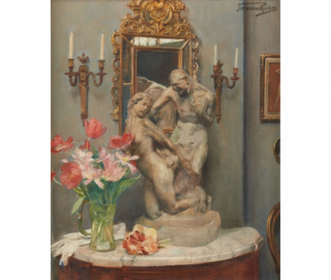 Herman Richir - Huile sur toile à la sculpture et aux fleurs